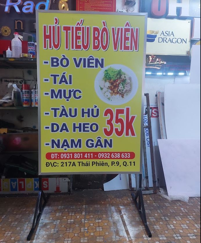 bảng hiệu hủ tiếu bò viên có chân, không đèn giá rẻ