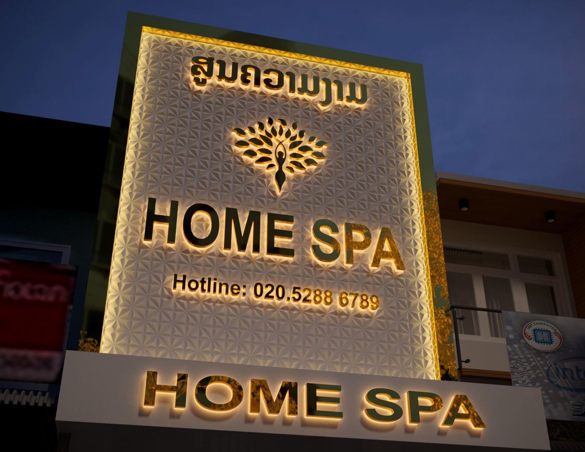 mặt dựng tấm 3D trắng,  chữ inox gương đèn sáng hông sang trọng