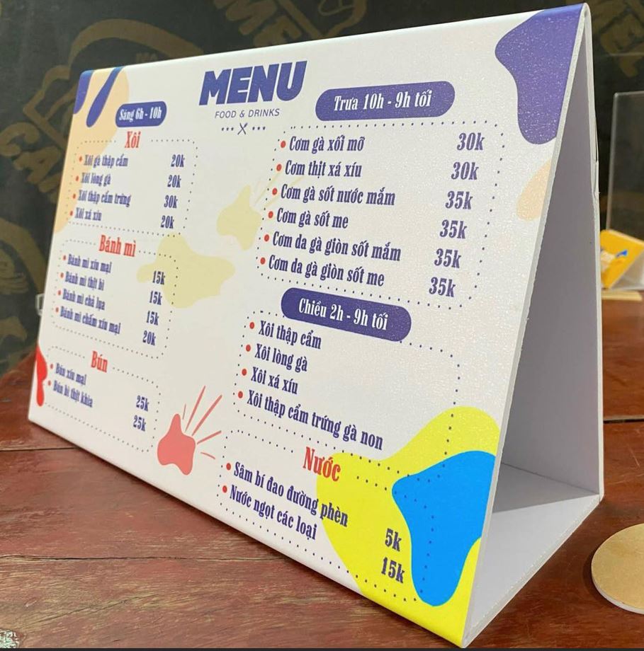 menu để bàn nội dung in decal dán lên nền foamex 3ly