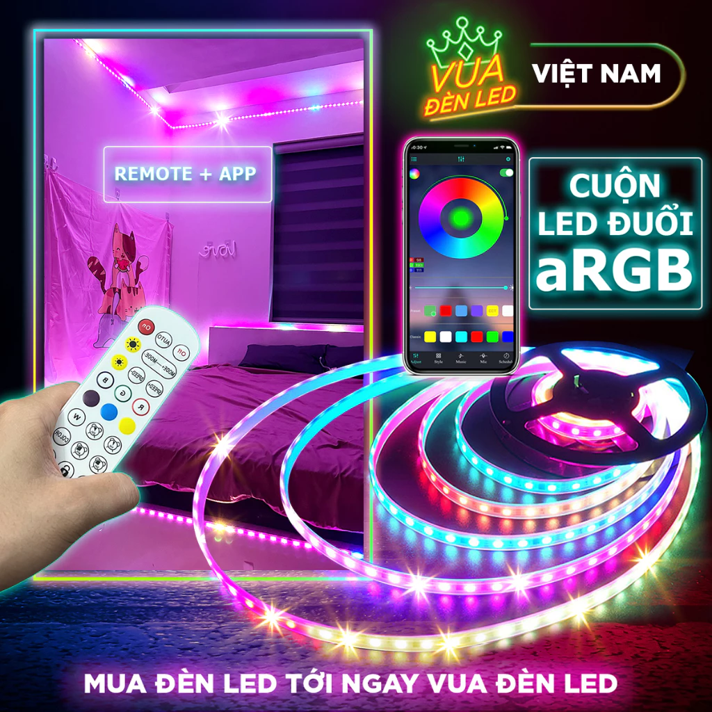 Dây đèn led đuổi ARGB 16 triệu màu, cảm biến âm thanh,  điều khiển bằng điện thoại, chống nước IP65