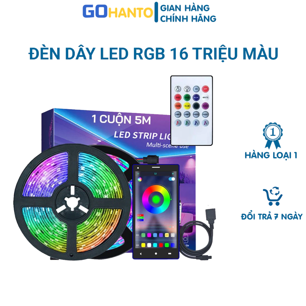 Đèn dây led RGB 16 triệu màu 2M 3M 5M GOHANTO điều khiển bằng điện thoại, nháy theo nhạc, trang trí
